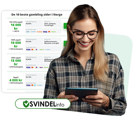 En kvinne som ser på sammenligningen av nettcasinoer på Svindel.info
